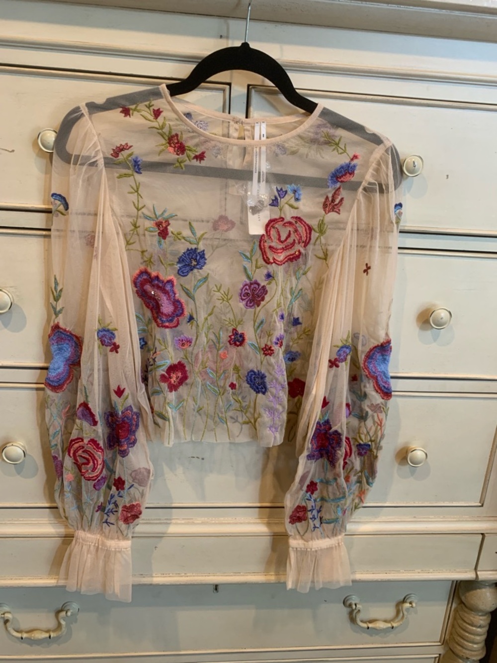 Anthropologie Sheer Embroidered Floral Blouse - Sand